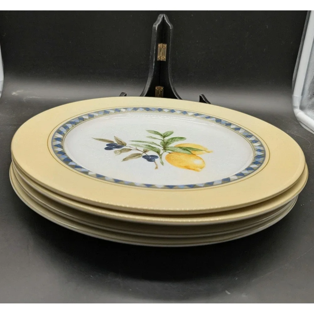 Royal Doulton Carmina TC1277 Dinner Plates Set of 4 Lemon Olive Yellow Blue 1999